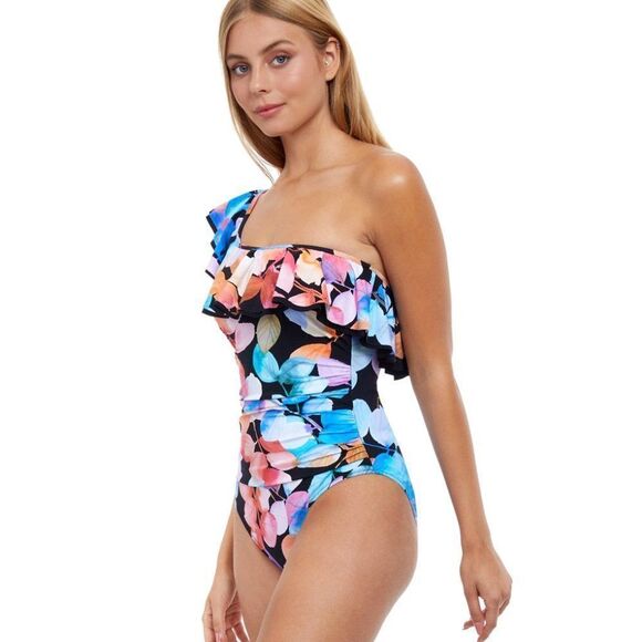 Gottex Woman Color Rush Ruffled One Shoulder black floral One Piece Swimsuit 12 - Picture 4 of 15